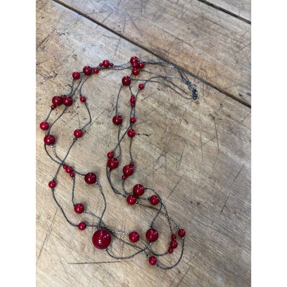 Long Layered Red Bead Necklace With Black Multistrand Wire & Lobster Clasp Jewel - Picture 7 of 9
